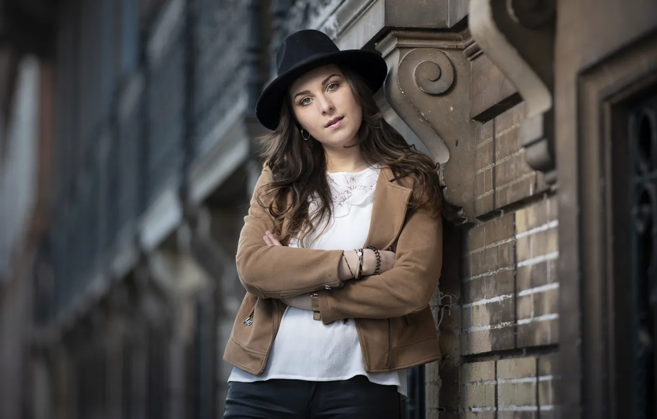 Photo wallpaper look, girl, pose, hat, bokeh, Julie