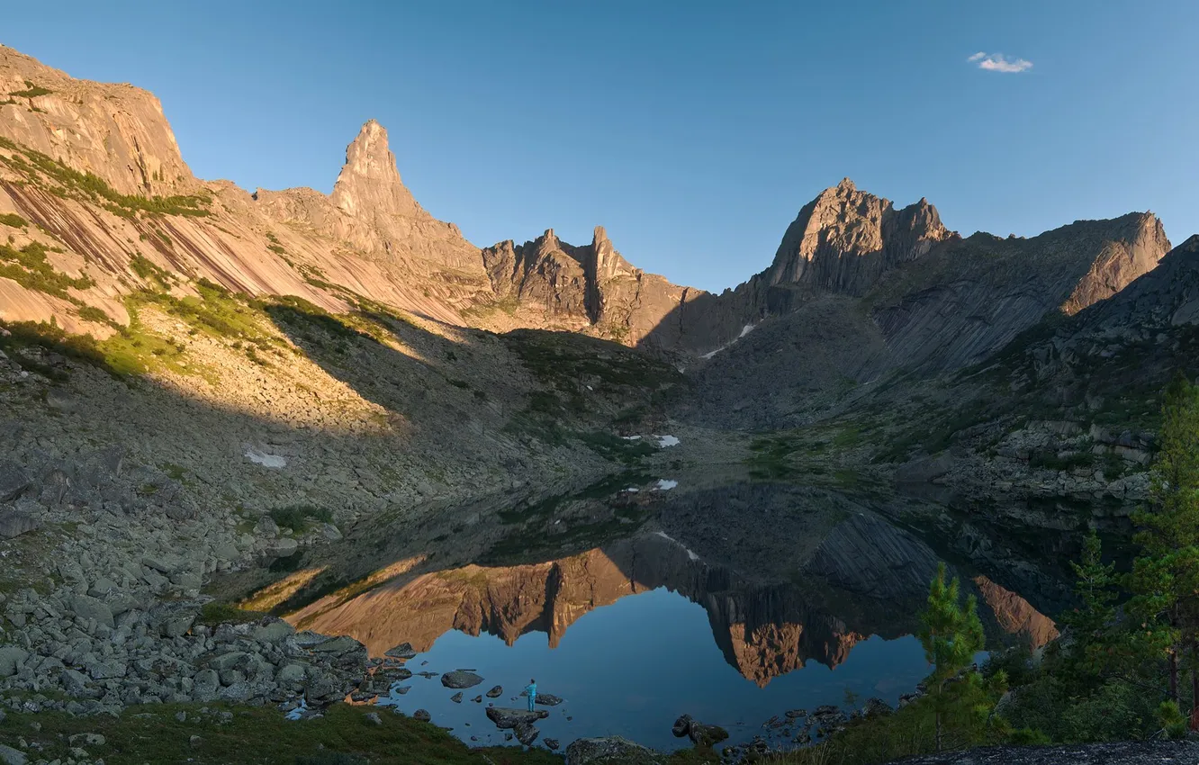 Photo wallpaper the sky, landscape, mountains, nature, lake, stones, rocks, plants