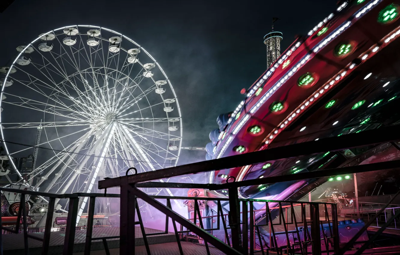 Photo wallpaper night, Ferris wheel, amusement Park, Ferris wheel, Remy Soubanere, Alphaville