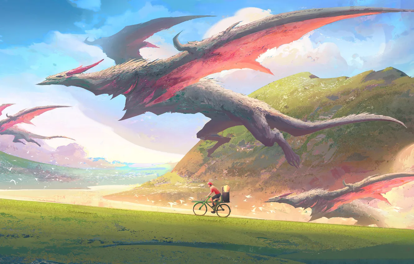 Photo wallpaper fantasy, bicycle, birds, dragon, artwork, fantasy art, Illustration, creature