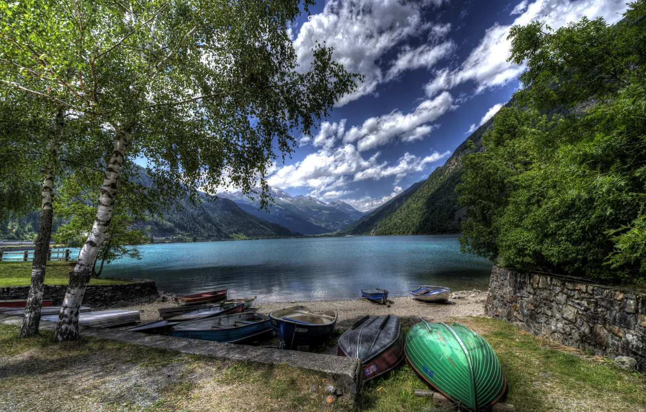 Photo wallpaper clouds, trees, mountains, lake, shore, boats, Switzerland, hdr