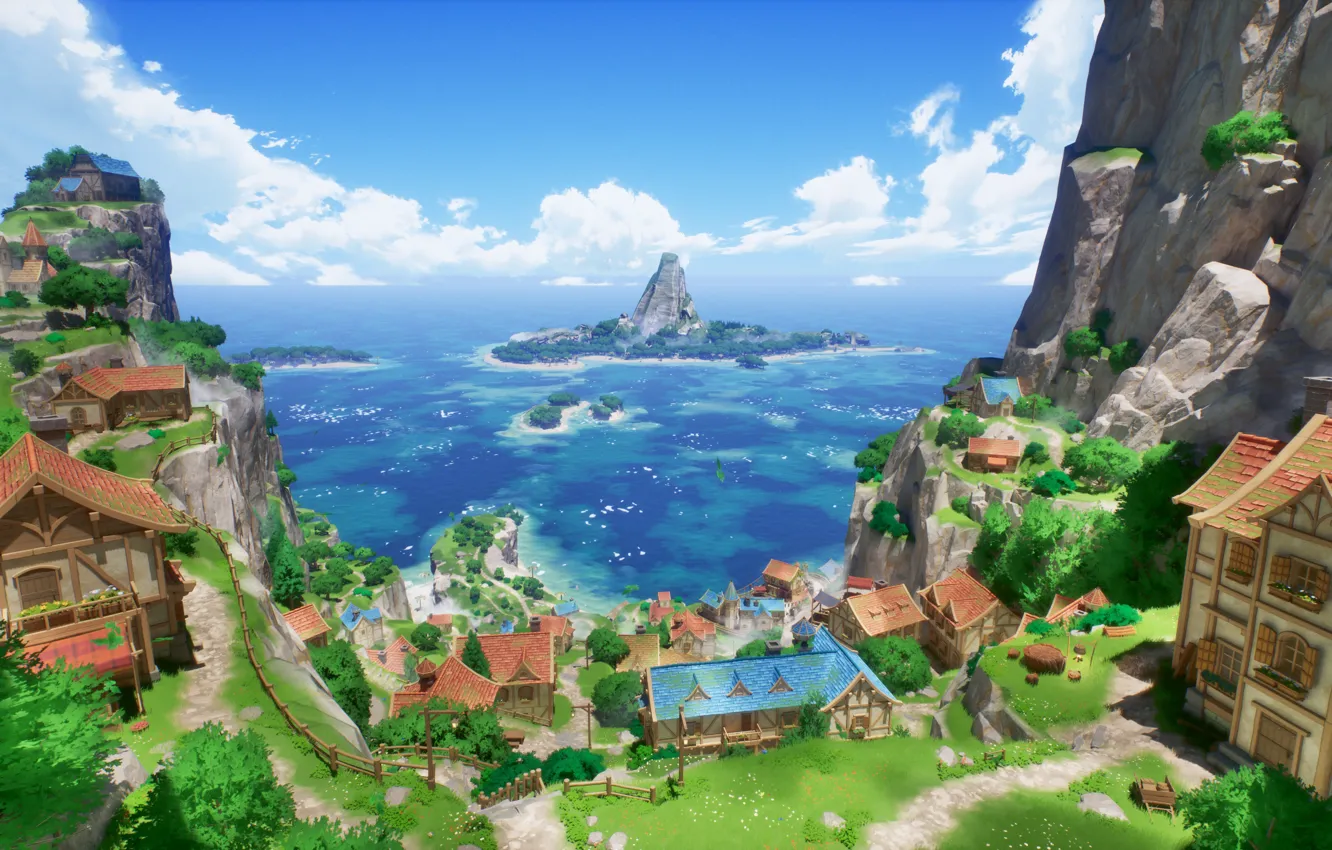 Photo wallpaper house, sky, trees, water, clouds, island, village, digital art