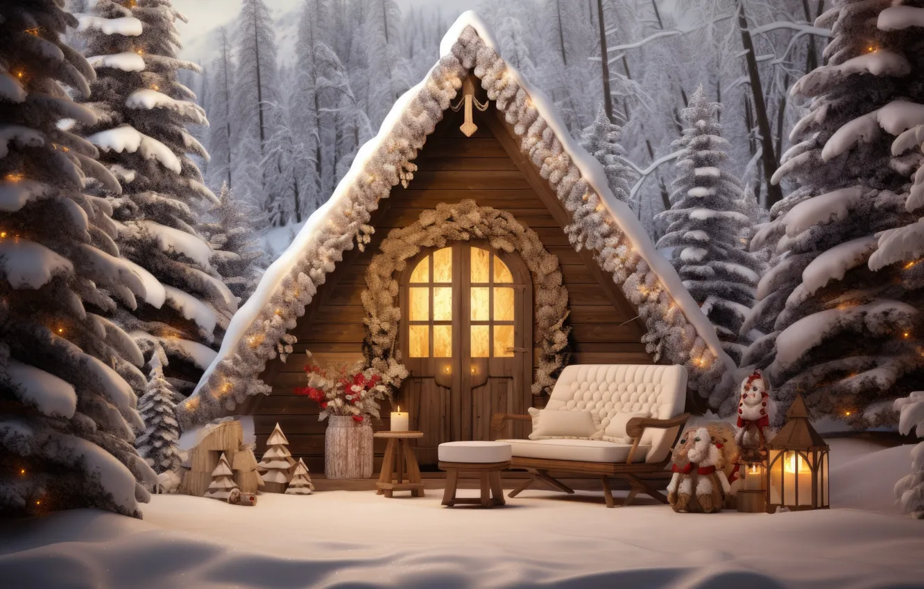 Photo wallpaper winter, snow, night, lights, tree, New Year, frost, Christmas