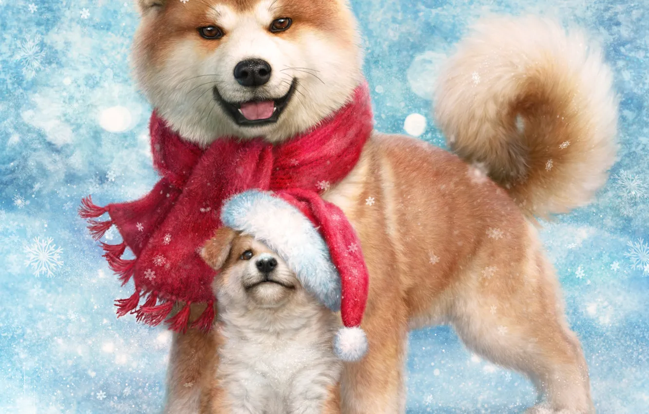 Photo wallpaper dogs, snowflakes, bird, scarf, puppy, New year, bullfinch, cap