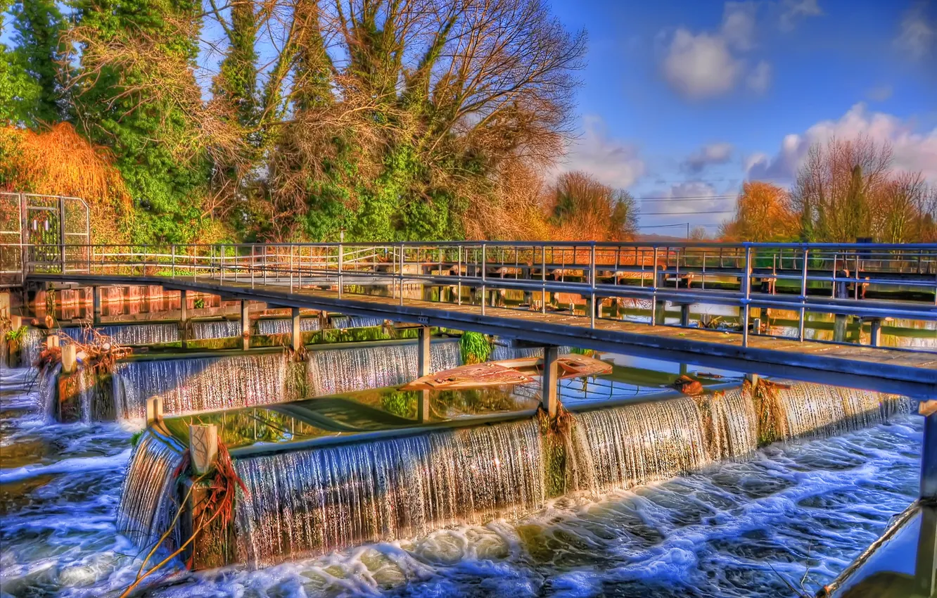 Photo wallpaper autumn, the sky, trees, bridge, river, England, construction