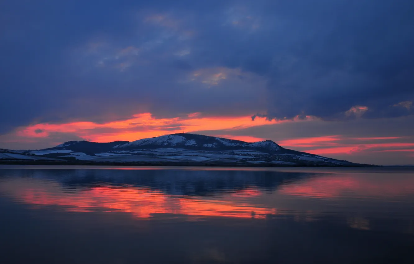 Photo wallpaper sunset, lake, mountain