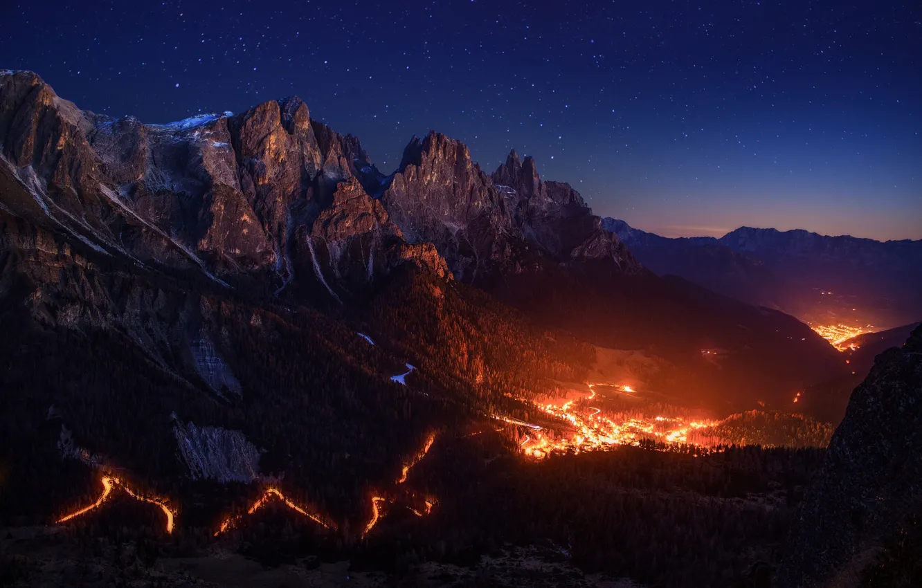 Photo wallpaper the sky, stars, light, mountains, night, fire, valley, Alps