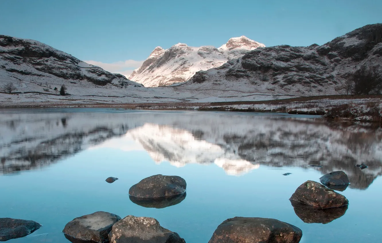 Photo wallpaper mountains, lake, reflection, stones