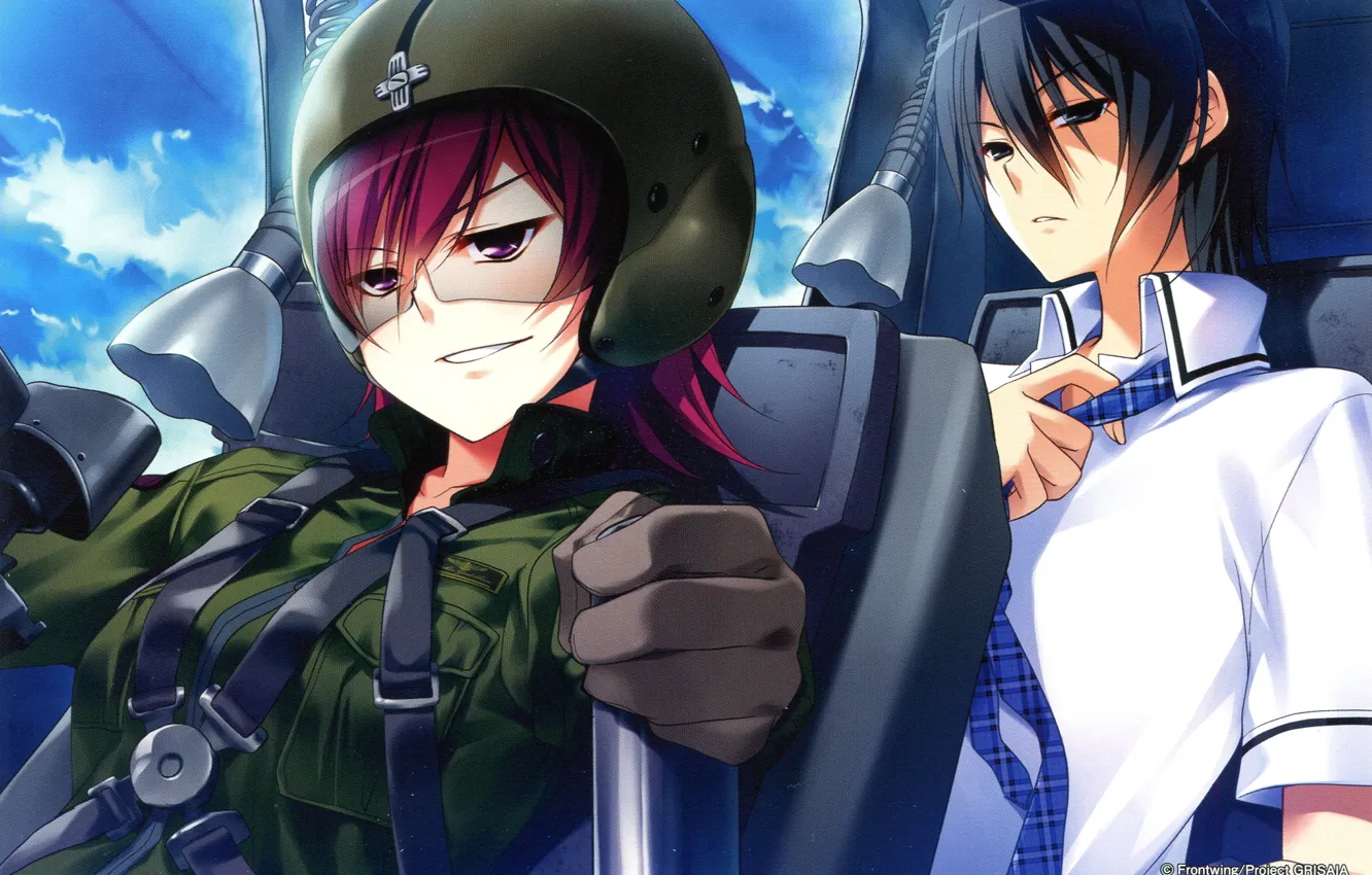 Photo wallpaper chair, tie, helicopter, helmet, guy, two, grin, grisa of no kajitsu