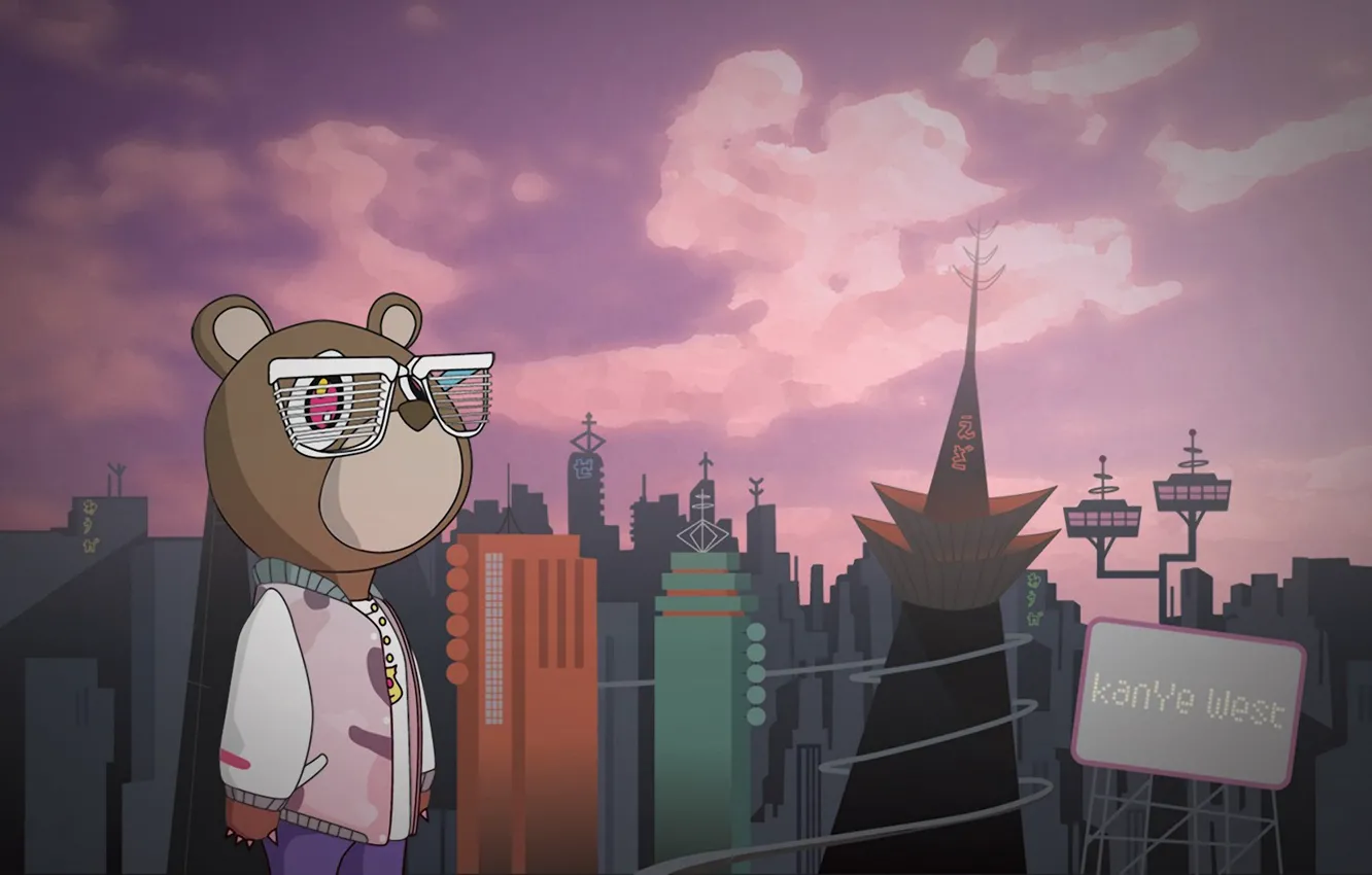 Photo wallpaper the city, music, bear, glasses, Kanye West