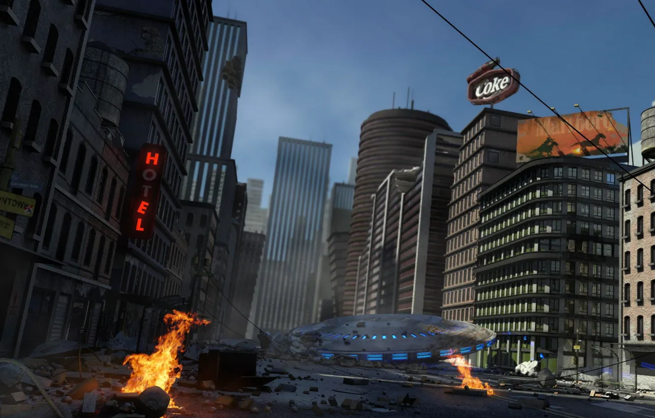 Photo wallpaper the city, fire, the crash, signs, aliens, Flying saucer