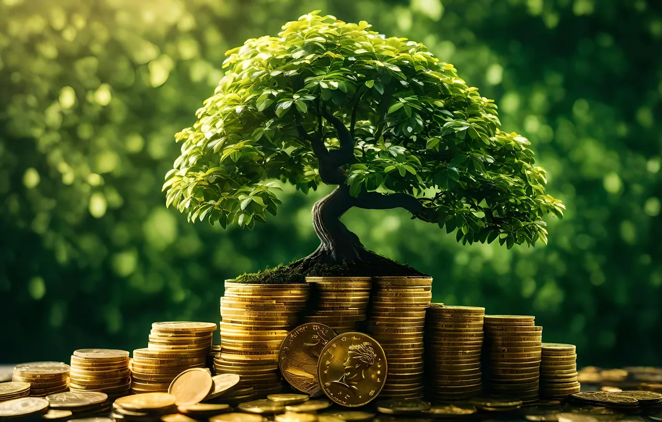Photo wallpaper trees, money tree, coins, gold coins