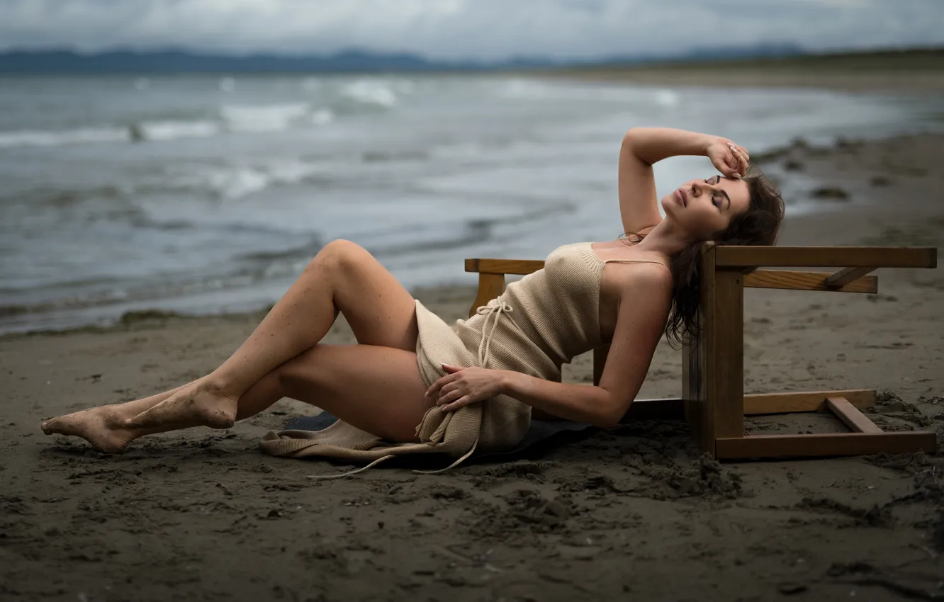 Photo wallpaper sand, sea, girl, chair, Andrey Serenkov