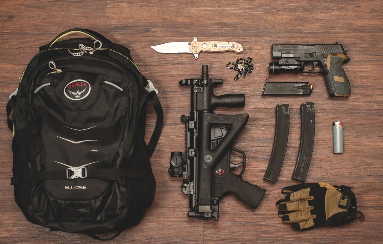 Photo wallpaper gun, lighter, knife, machine, cross, satchel, clips