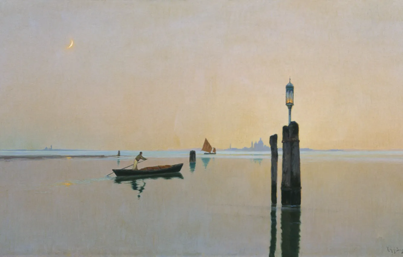 Photo wallpaper boat, oil, picture, canvas, seascape, Richard Bergholz, The lagoon in Murano