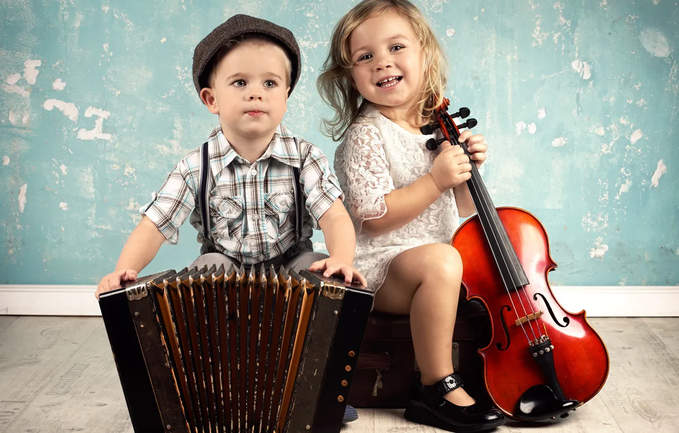 Photo wallpaper children, music, violin, boy, music, cello, girl, instrumento