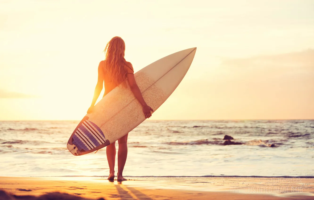 Photo wallpaper sand, beach, girl, the sun, morning, surf, SUP