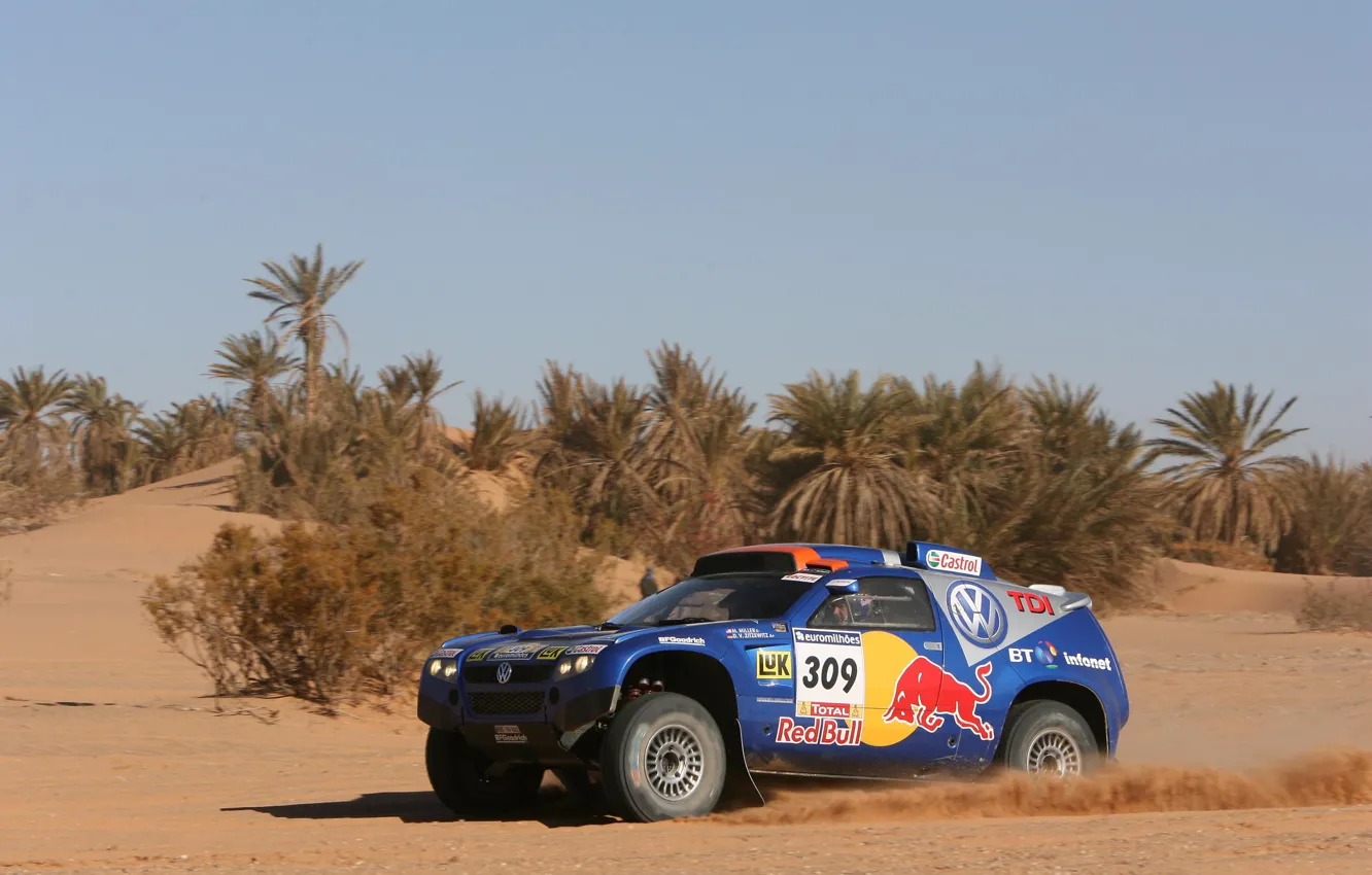 Photo wallpaper sand, palm trees, Volkswagen, Touareg Race