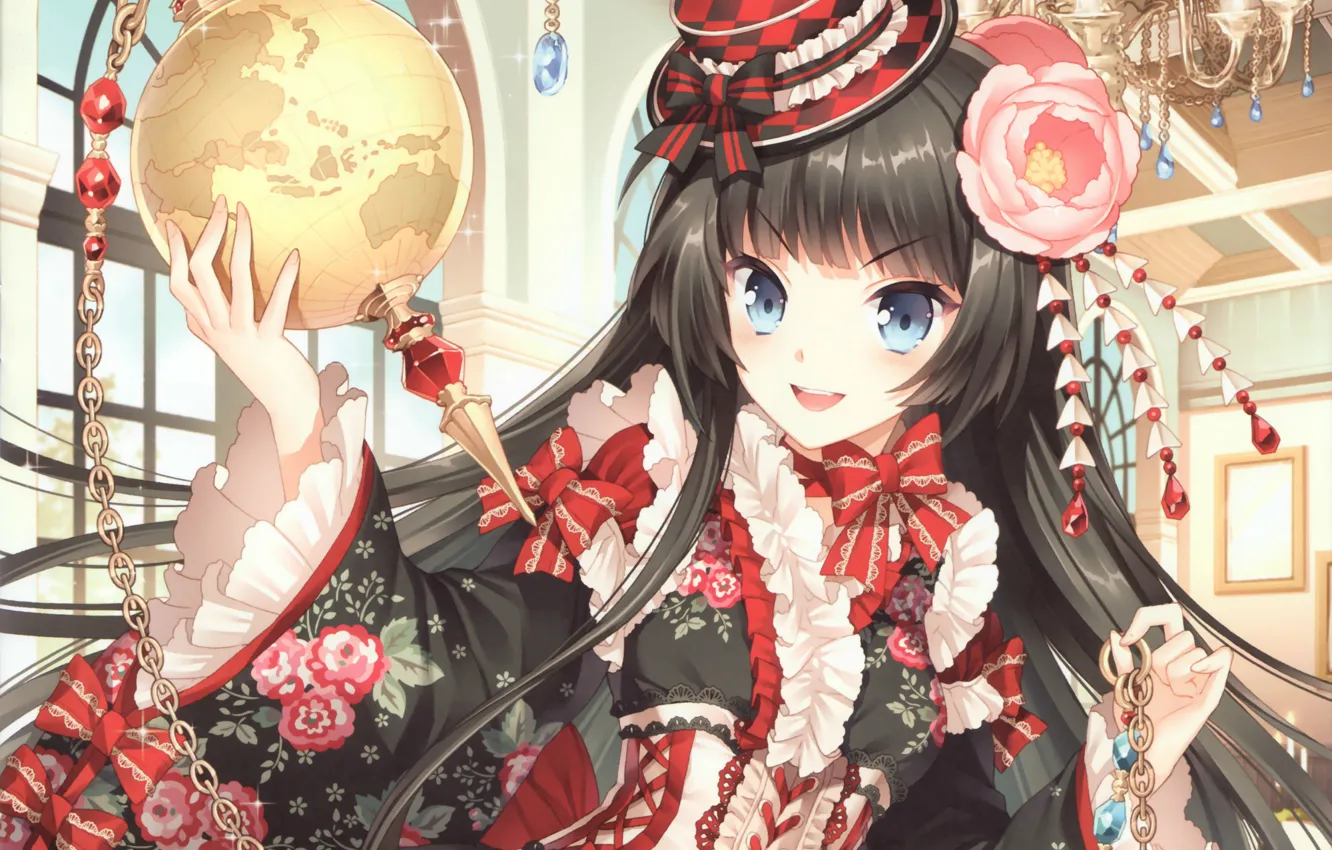 Photo wallpaper girl, candles, dress, window, chain, chandelier, hat, bow