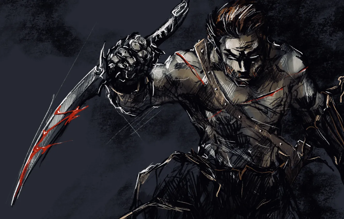 Photo wallpaper look, blood, art, knife, cuts, guy, gloomy