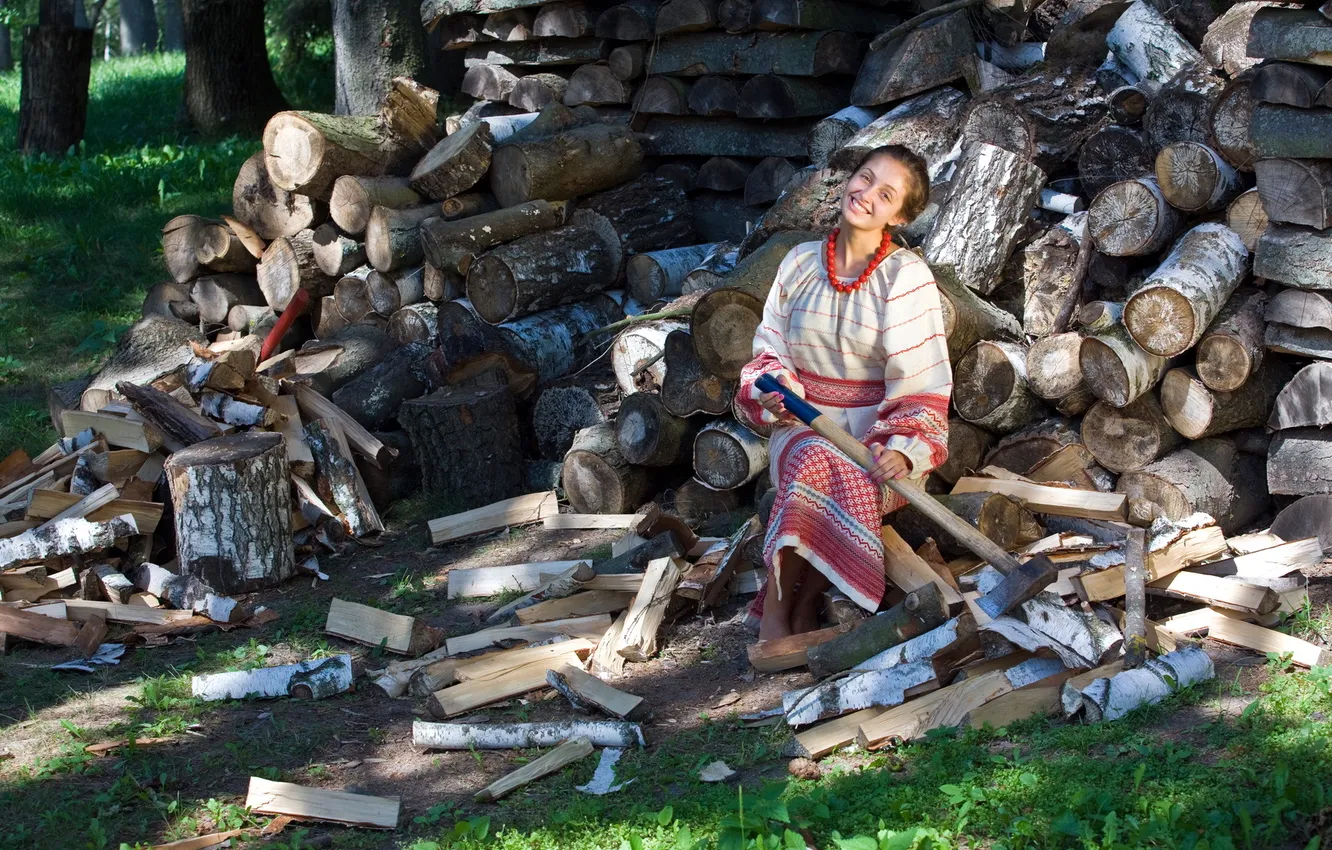 Photo wallpaper mood, girl, wood, axe