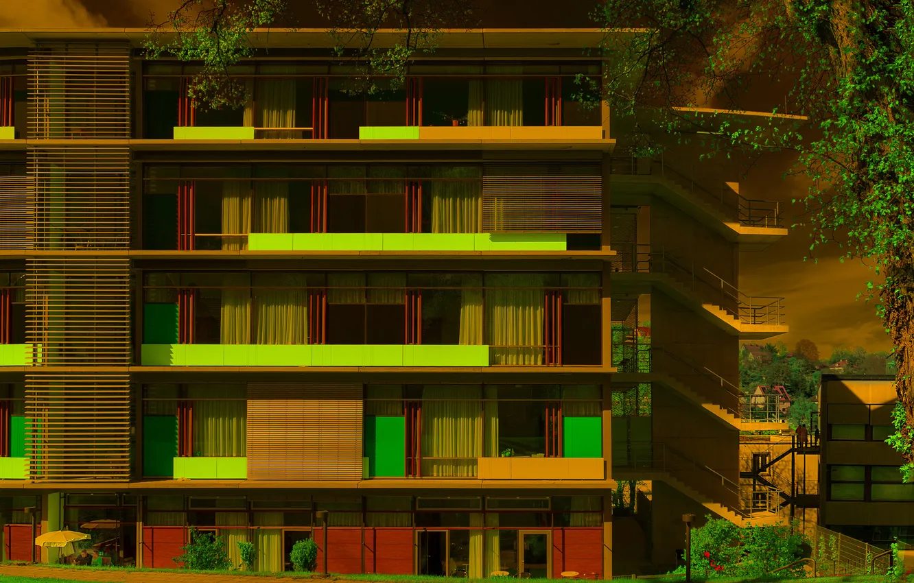 Photo wallpaper the city, wall, home, window, ladder, balcony