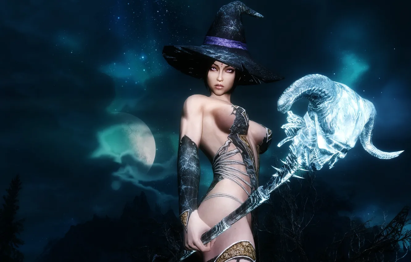 Photo wallpaper girl, hat, staff