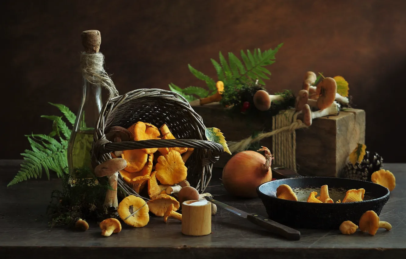 Photo wallpaper table, mushrooms, bottle, food, bow, knife, still life, Fox