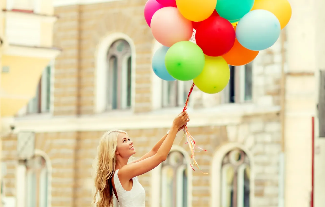 Photo wallpaper balls, joy, happiness, balloons, girl, woman, smile, Happy