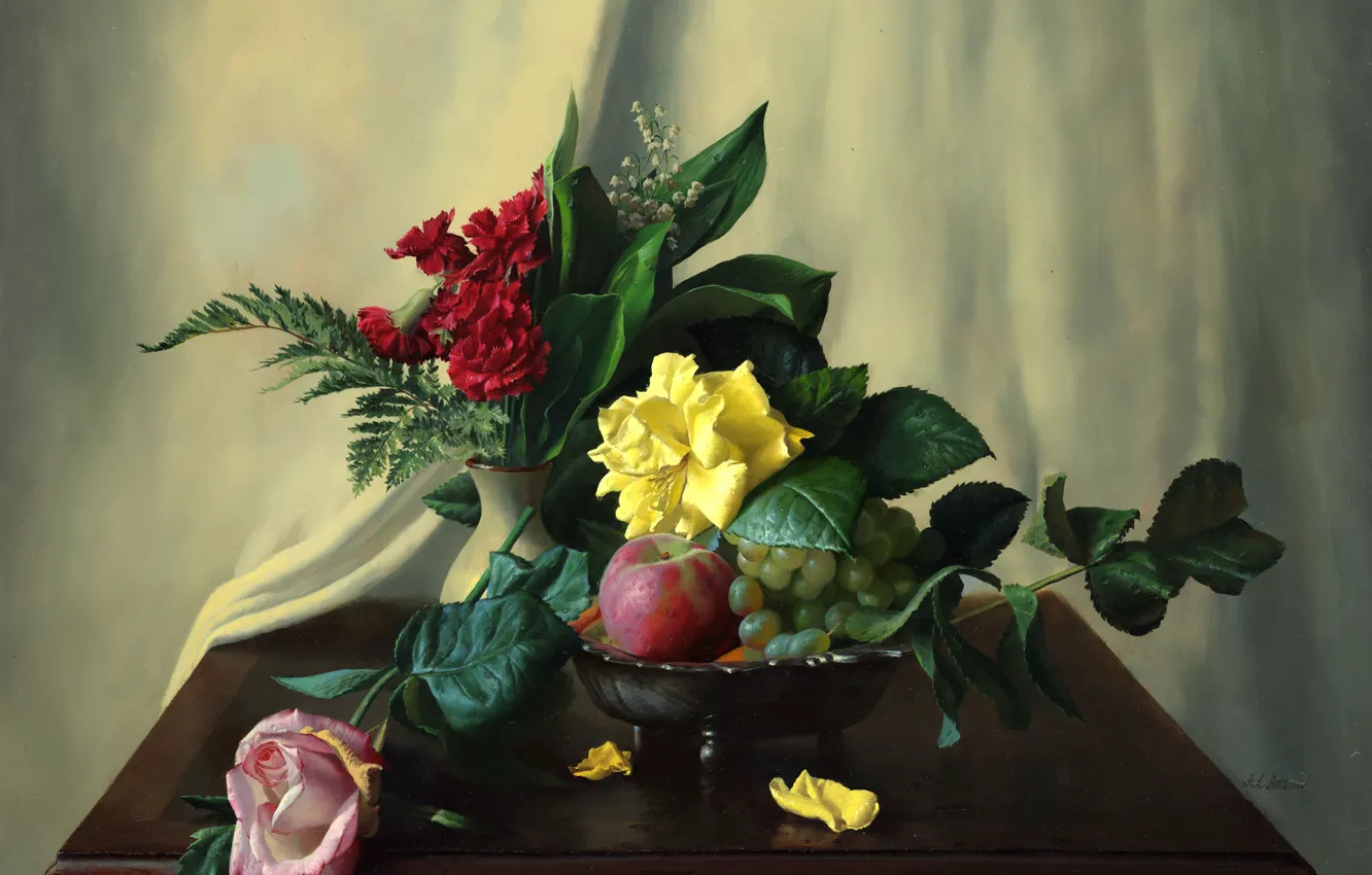 Photo wallpaper flowers, berries, apples, roses, picture, fruit, still life, fern