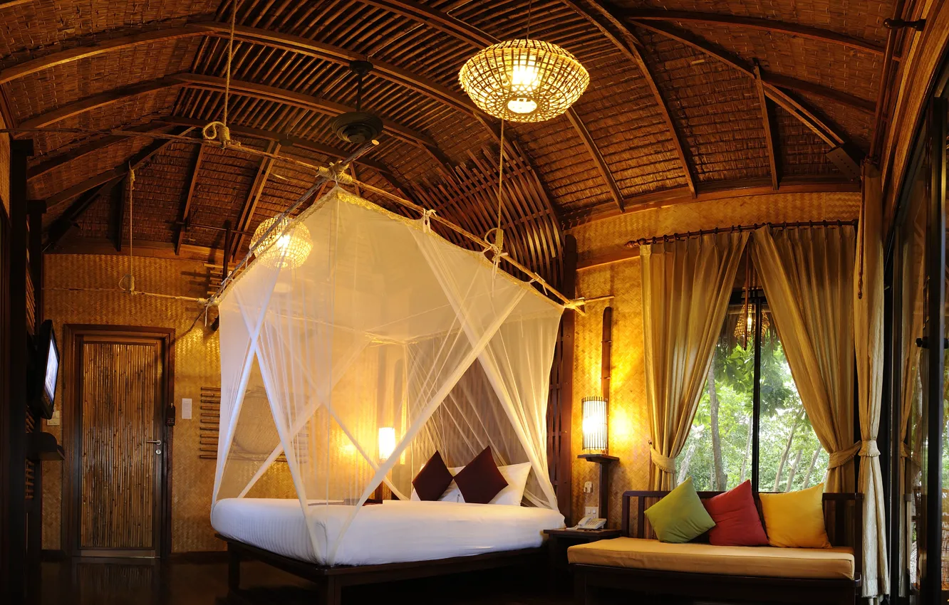 Photo wallpaper light, room, bed, pillow, the door, window, chandelier