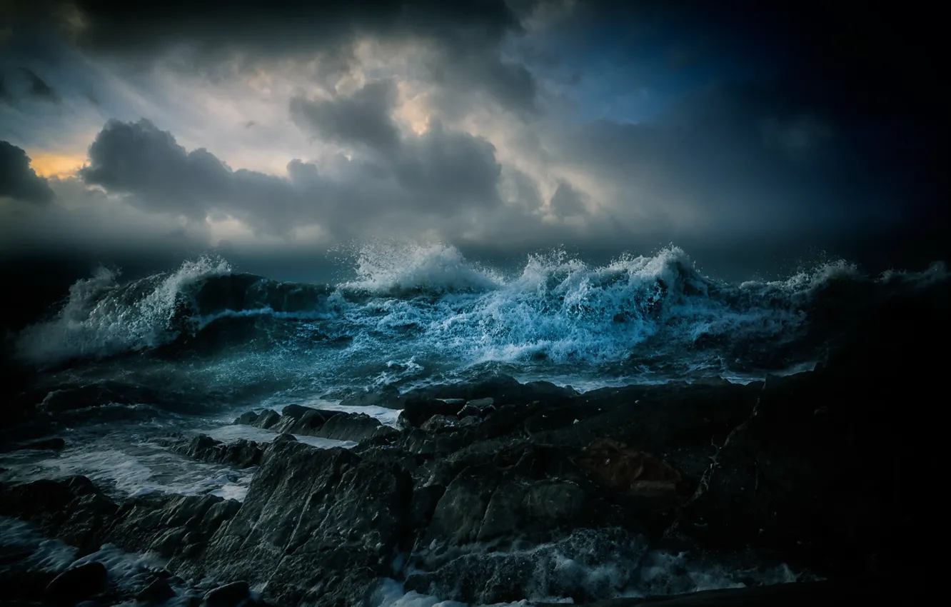 Photo wallpaper sea, wave, landscape, night