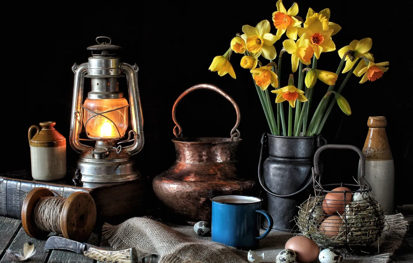 Photo wallpaper flowers, eggs, lights, dishes, still life, daffodils, copper