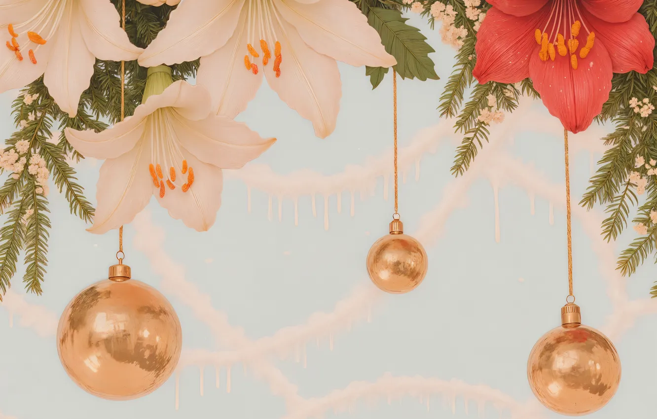 Photo wallpaper balls, snow, flowers, branches, red, balls, Lily, new year