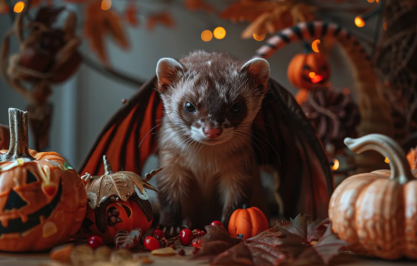Photo wallpaper Halloween, neural network, look, holiday, AI art, ferret, autumn, the scenery