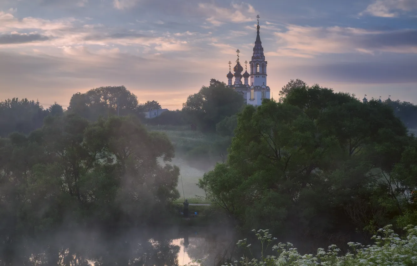 Photo wallpaper summer, fog, village, fisherman, morning, temple, Alexander Strelchuk, morning in the village