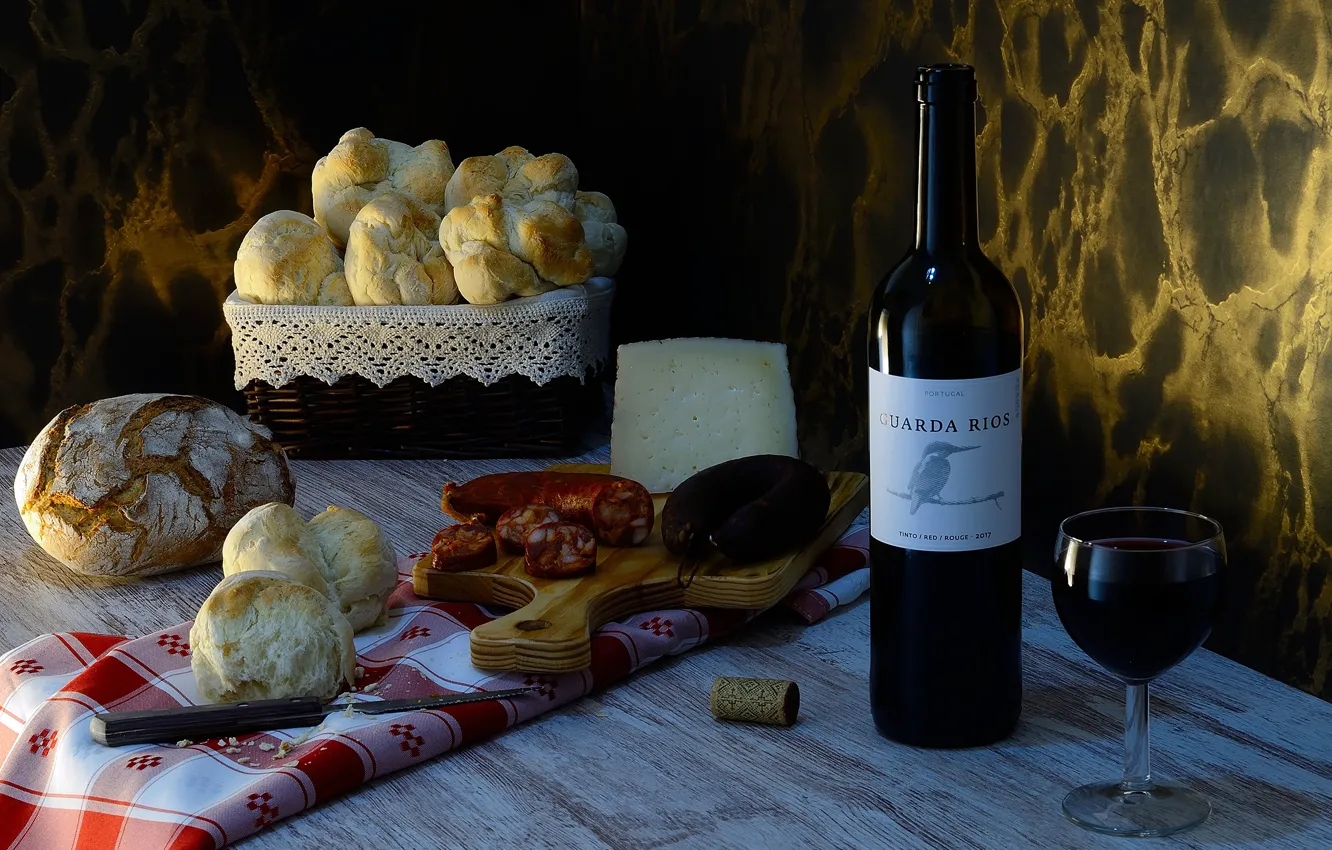 Photo wallpaper table, wine, glass, bottle, cheese, bread, knife, tube
