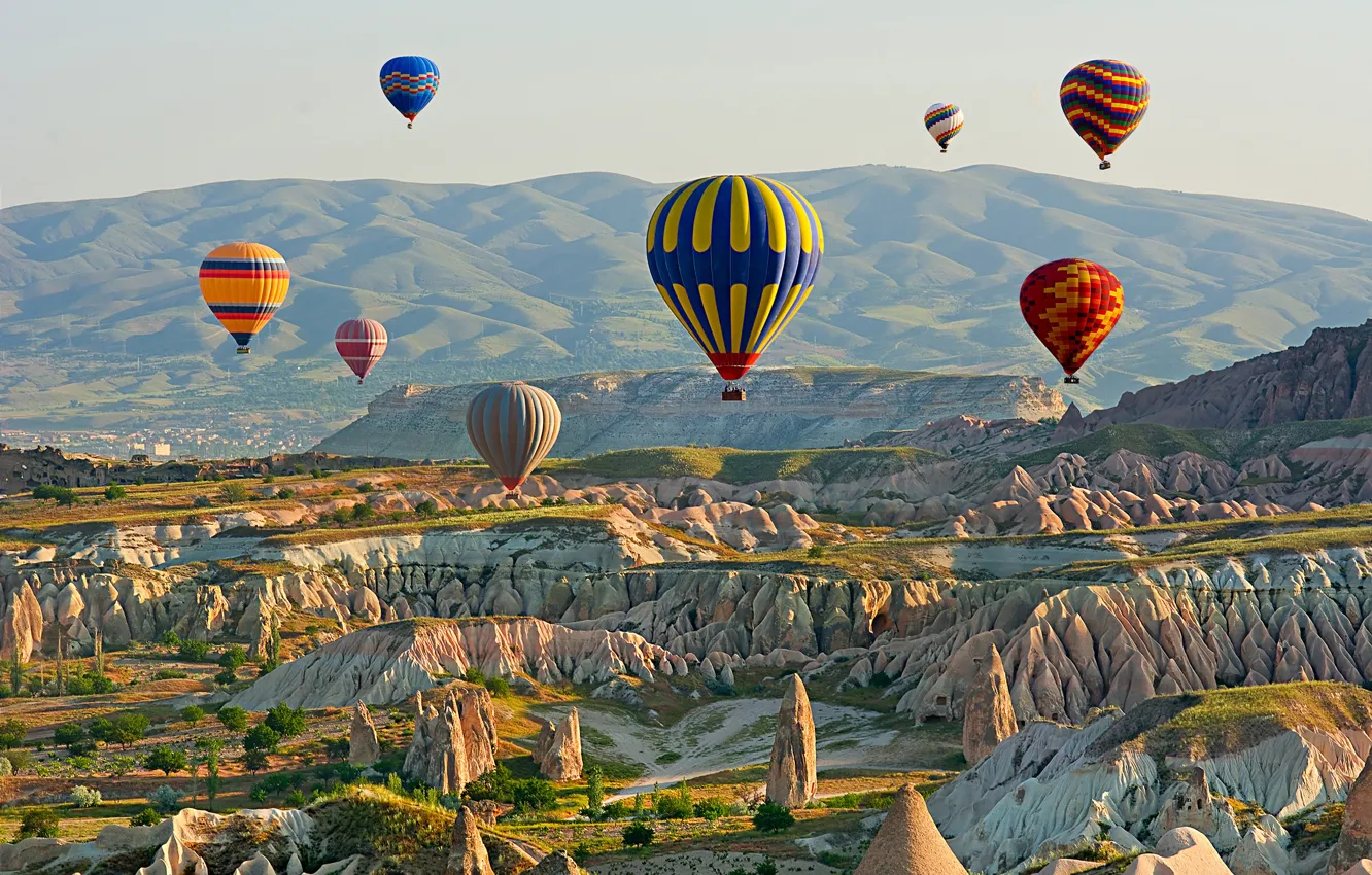 Photo wallpaper the sky, the sun, mountains, nature, balloons, rocks, colorful, Turkey