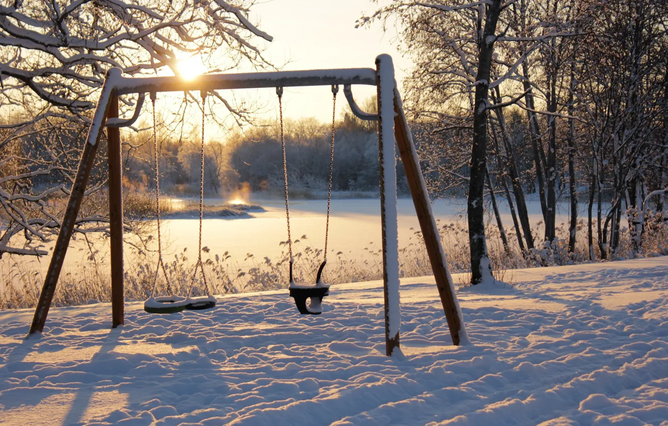 Photo wallpaper winter, snow, swing, morning