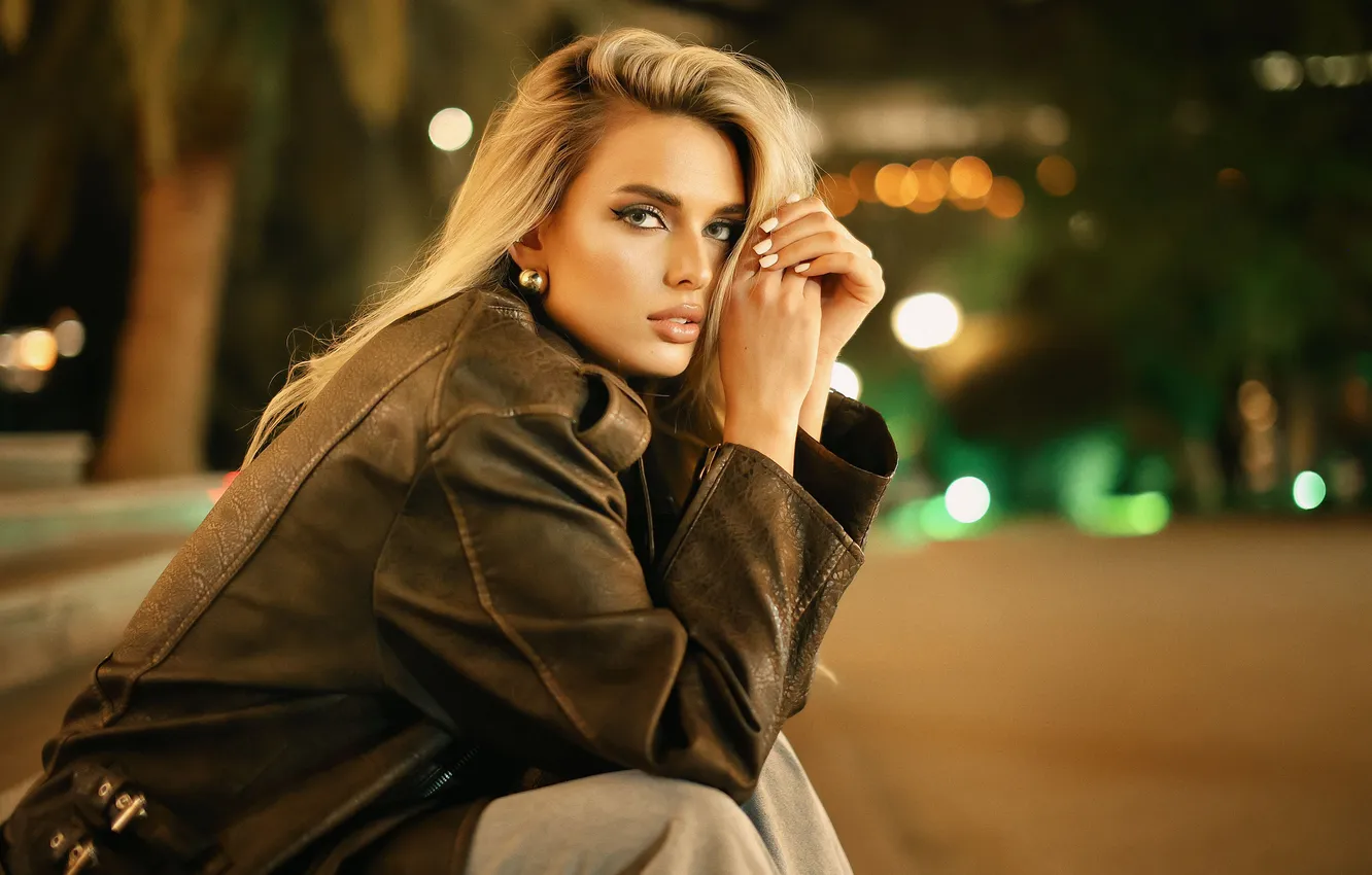 Photo wallpaper woman, young, beautiful, model, look, blonde, long-haired, leather clothes