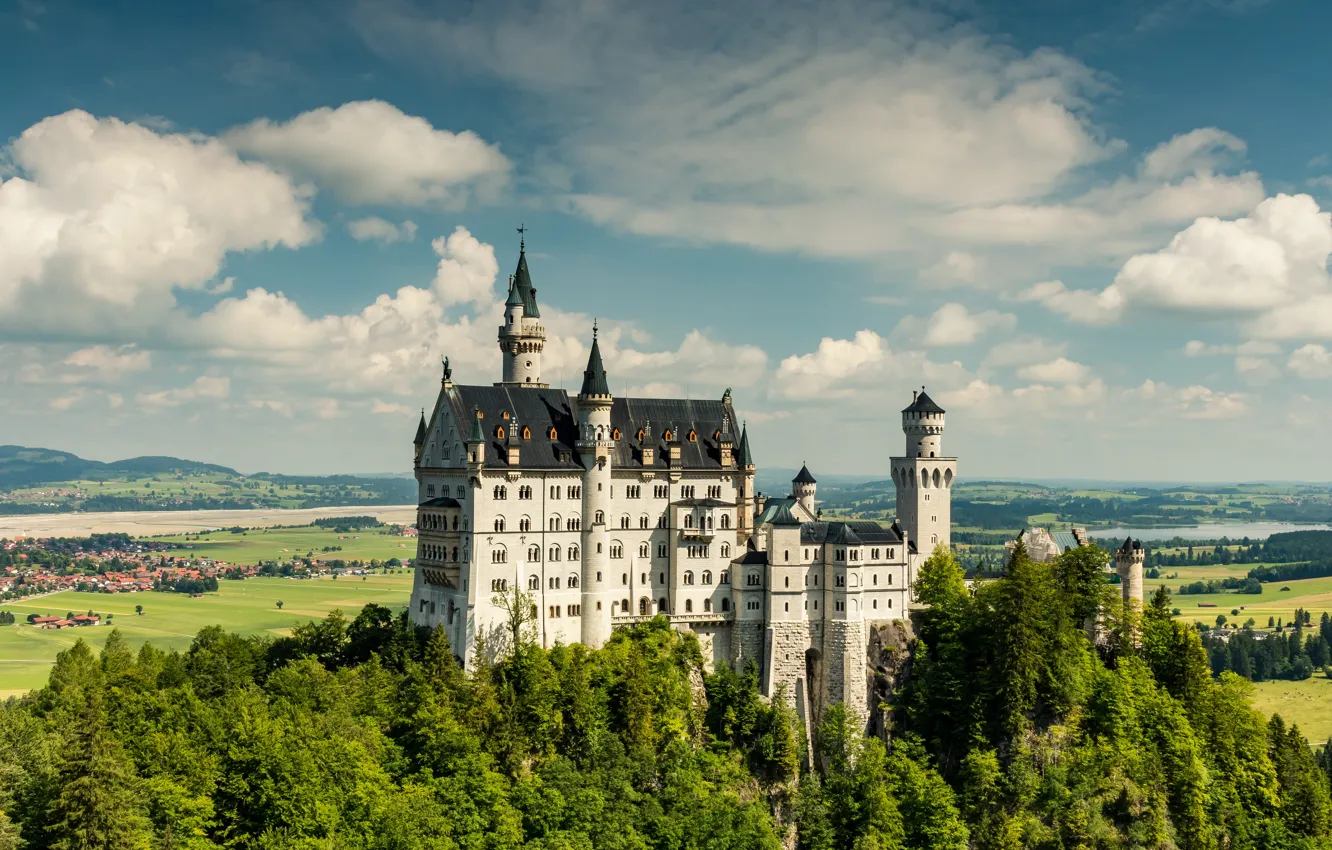 Photo wallpaper forest, the sky, clouds, castle, view, height, Germany, Neuschwanstein