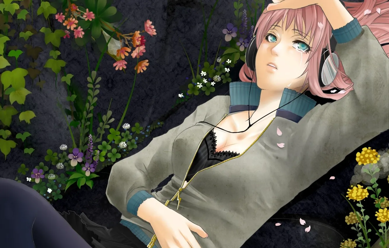 Photo wallpaper flowers, music, stones, mood, anime, headphones, girl. garden