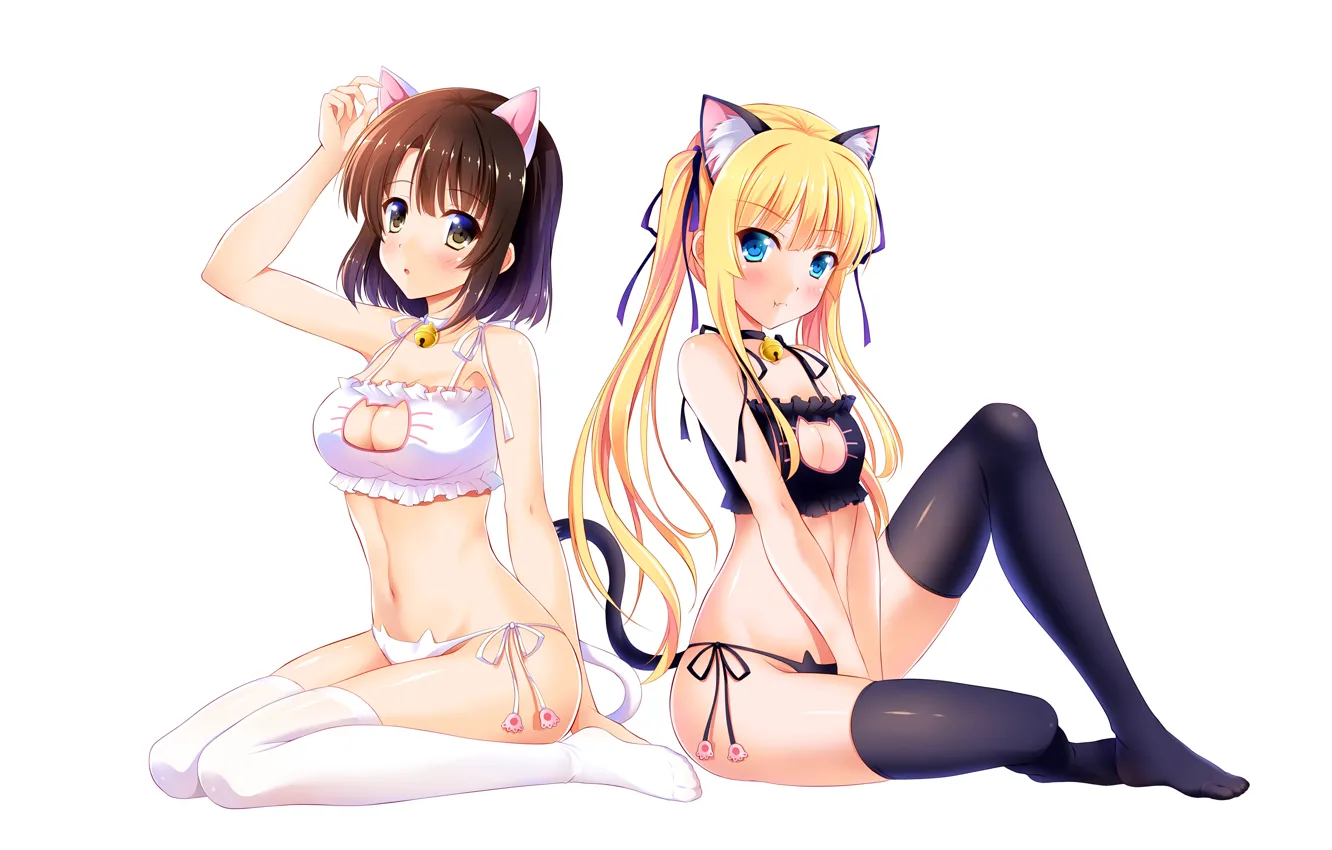 Photo wallpaper sexy, lingerie, bra, cleavage, panties, thighhighs, long hair, girls