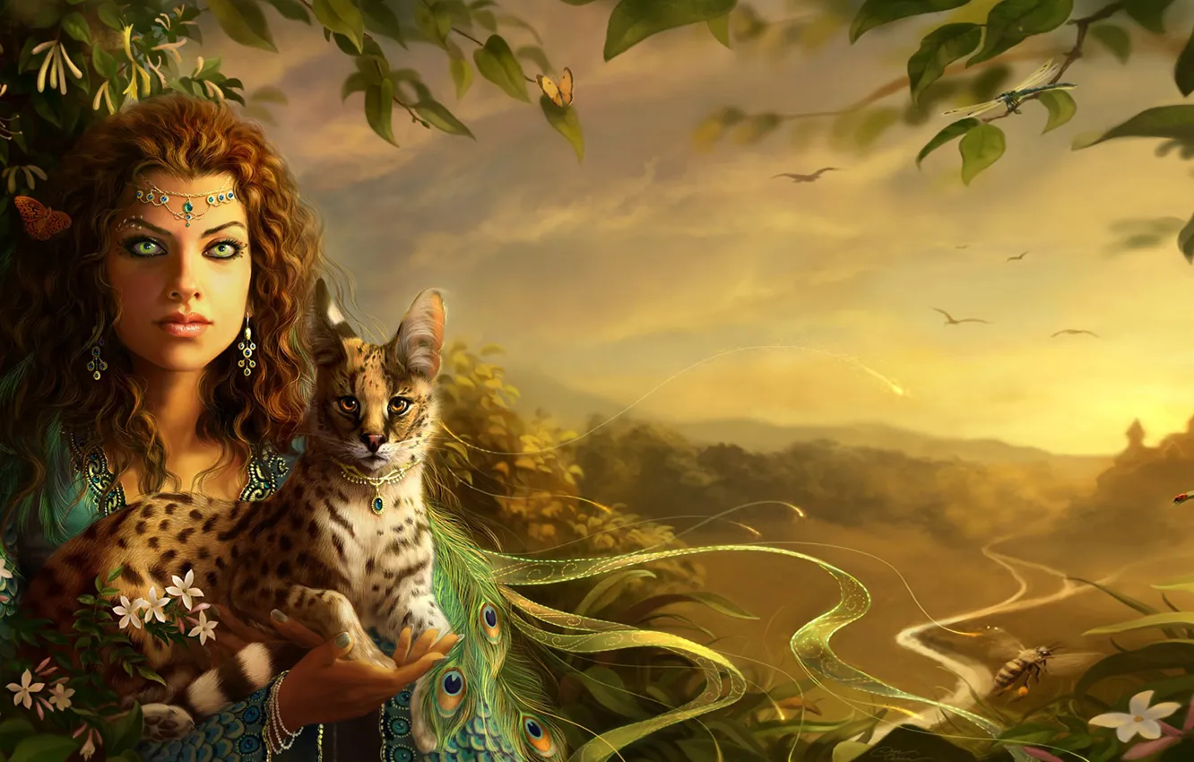 Photo wallpaper cat, girl, art