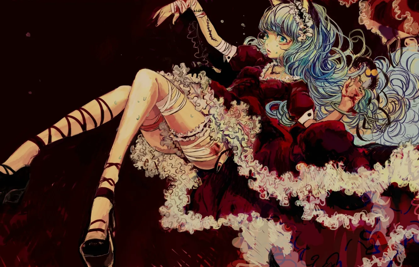 Photo wallpaper girl, blood, anime, art, scar, ears, bandages