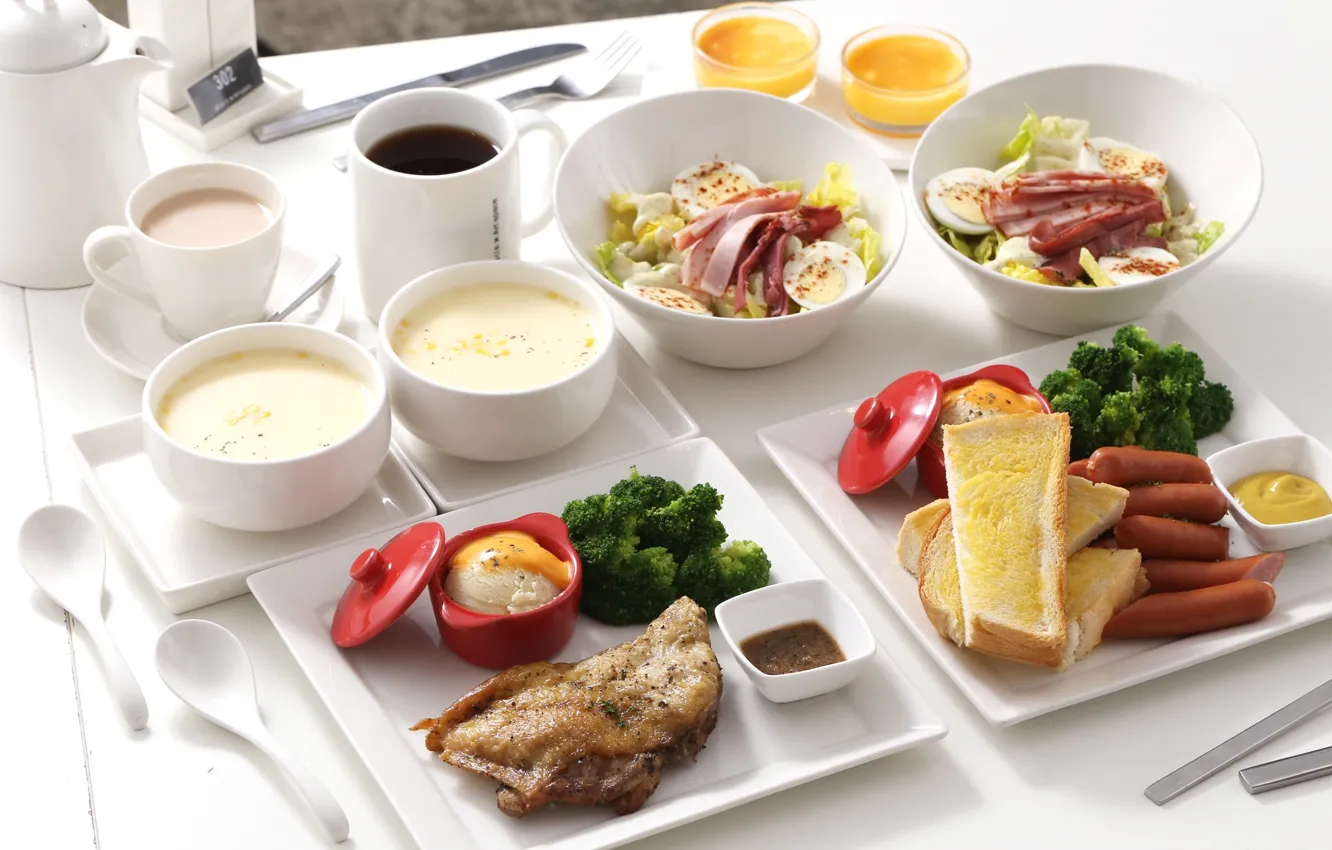 Photo wallpaper tea, sausage, coffee, Breakfast, bread, soup, meat, salad
