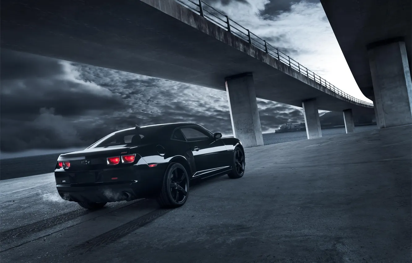 Photo wallpaper car, the sky, bridge, black, Chevrolet, Muscle, Camaro, black