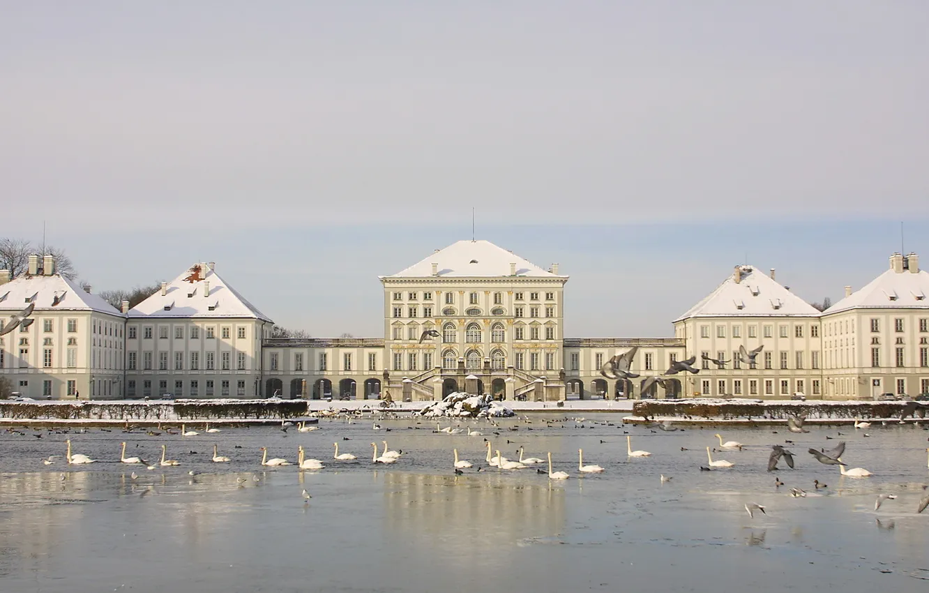 Photo wallpaper winter, lake, bird, swans, Palace, palace