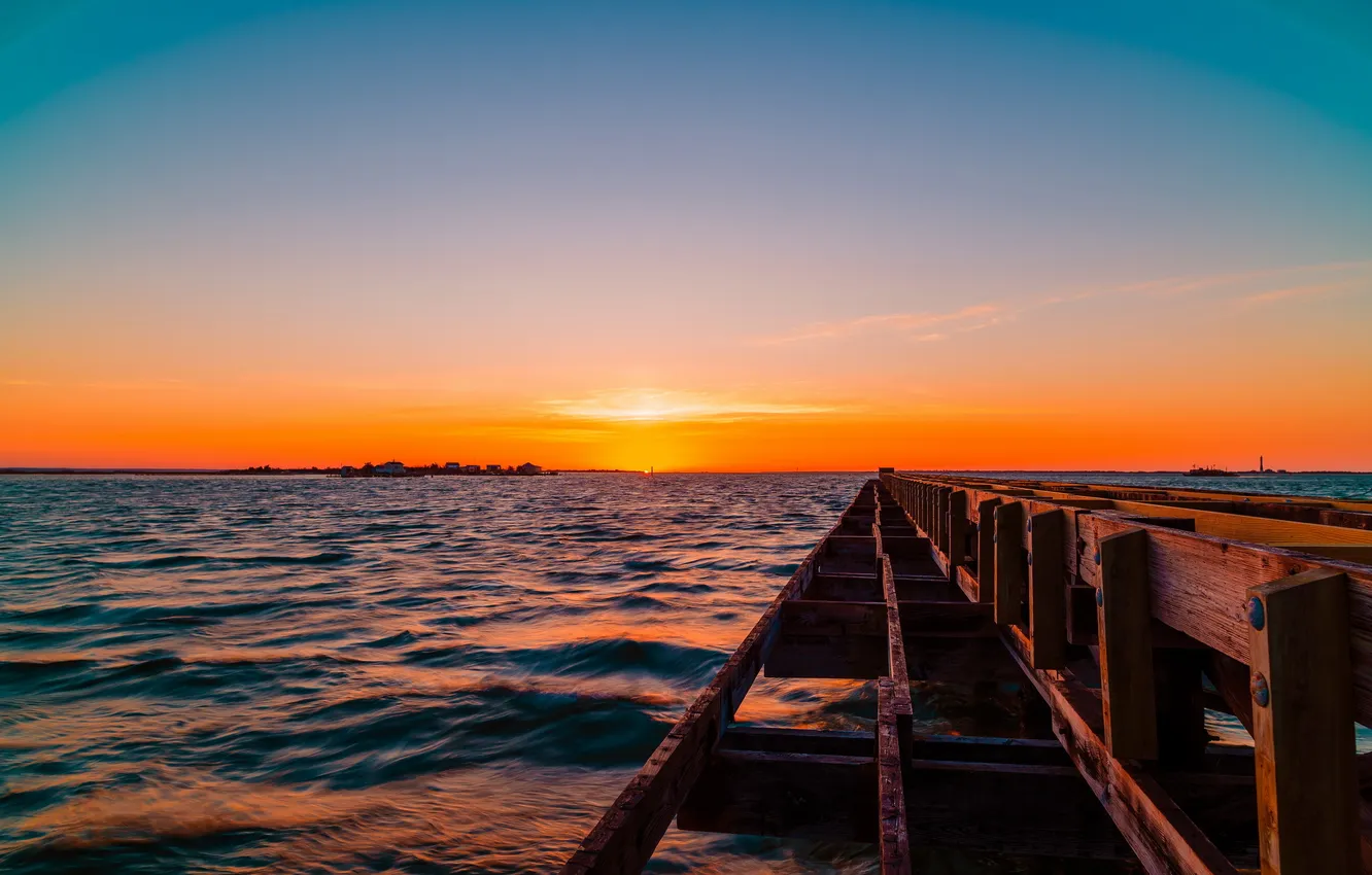 Photo wallpaper sea, landscape, sunset, bridge