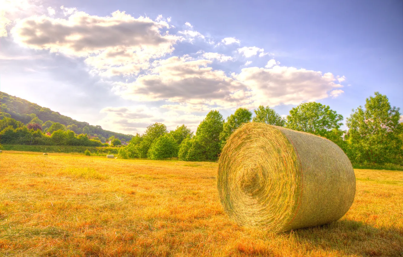 Photo wallpaper field, the sky, clouds, harvest, hay, the countryside, farm, solar